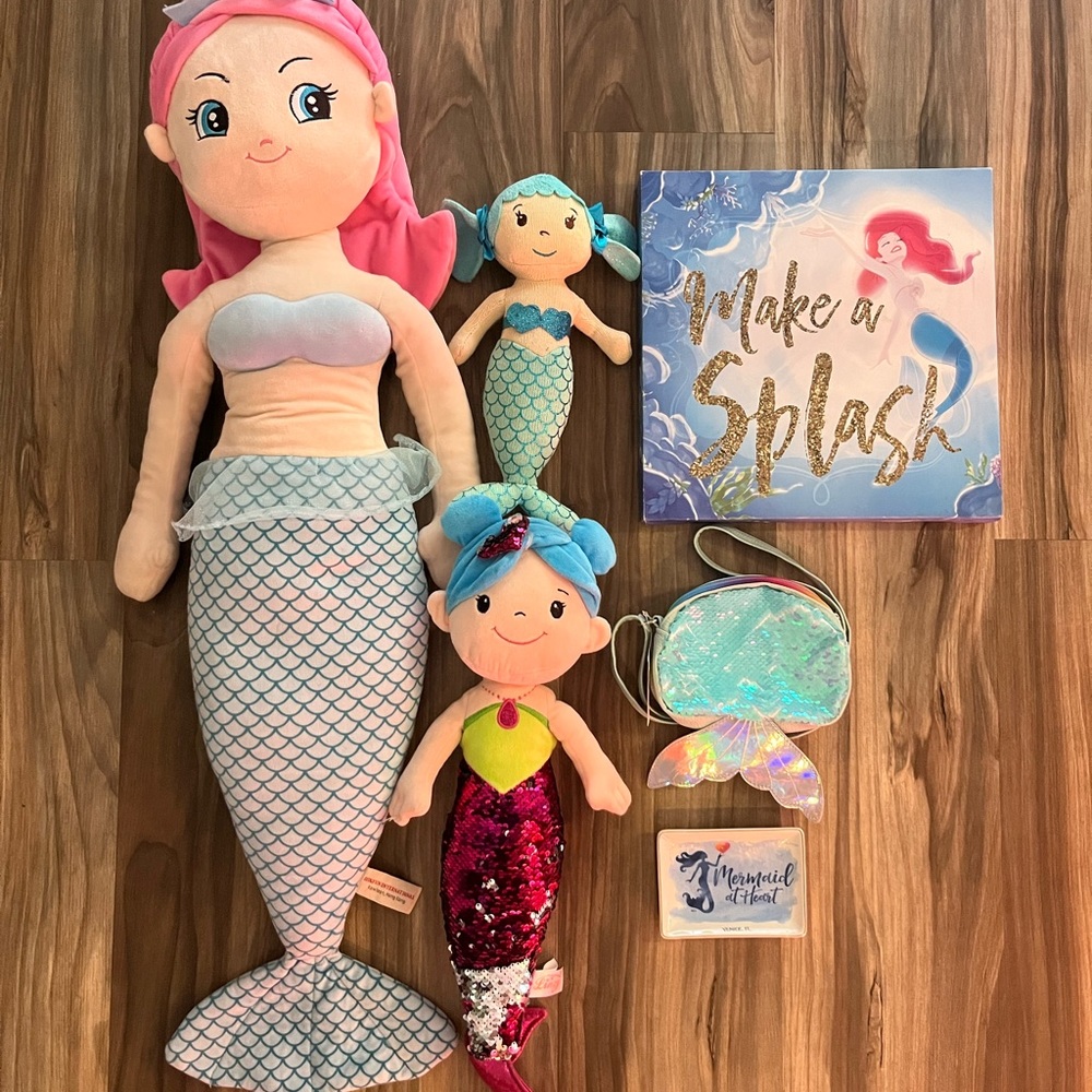 6 piece mermaid plush rag dolls, canvas, purse bundle